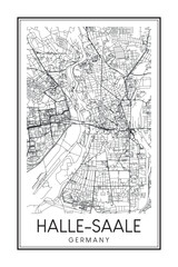 Obraz premium Hand drawn printable downtown road map poster of the German city of HALLE-SAALE on solid white background with city name