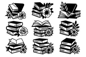 Stack of Books with Floral Elements – Black and White Vector Set"