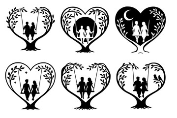 Romantic Couple on Swing Silhouette Set – Heart Tree Design"