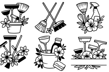 Cleaning Tools with Floral Decorations – Black and White Vector Set"