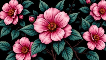 Vibrant Pink Flowers with Lush Green Leaves on a Rich Black Background in a Decorative Pattern
