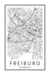 Hand drawn printable downtown road map poster of the German city of FREIBURG on solid white background with city name