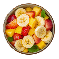 Overhead view of a healthy fruit salad in a bowl, a fresh mix of sliced strawberry, mango, and banana, a clean eating and vegan diet concept