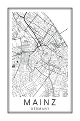 Hand drawn printable downtown road map poster of the German city of MAINZ on solid white background with city name