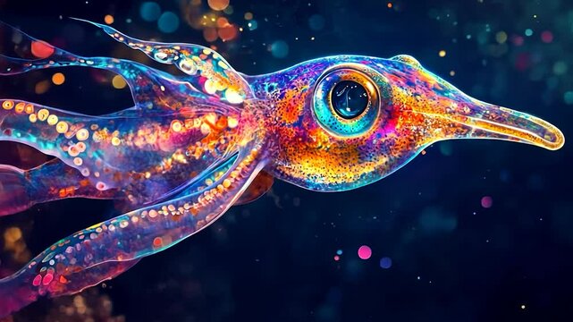 Vibrant bioluminescent squid in deep ocean, glowing tentacles, bokeh background