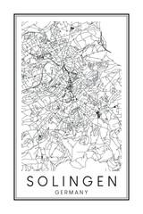 Hand drawn printable downtown road map poster of the German city of SOLINGEN on solid white background with city name