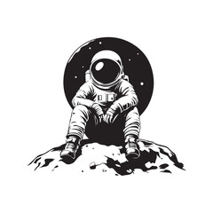 Vector sketch illustration of an astronaut sitting in outer space, surrounded by stars and cosmic elements isolated on white background.
