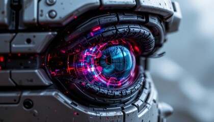 Fototapeta premium Close-Up of a Futuristic Robotic Eye with Glowing Blue Lens and Intricate Mechanical Details