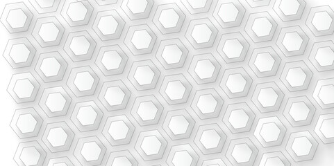  A seamless abstract background featuring a grid of overlapping white and light gray hexagons,creating a subtle layered and three-dimensional effect with soft shadows,giving the appearance of a modern