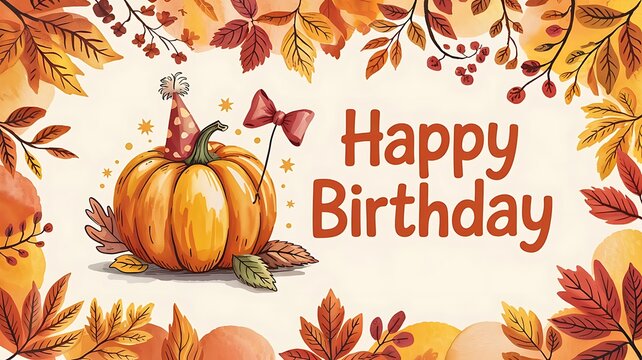 A festive birthday pumpkin wears a party hat amid autumn leaves and falling stars