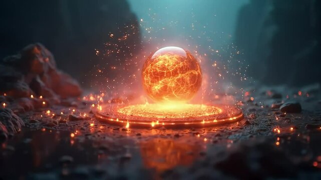 A floating glowing sphere radiating energy over smoky rocky terrain, surrounded by light particles and an orange glow in dark etheric space. The concept of a mysterious ancient technology