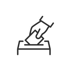 Hand placing vote in ballot box, linear icon. Election, referendum, or democratic process. Line with editable stroke.