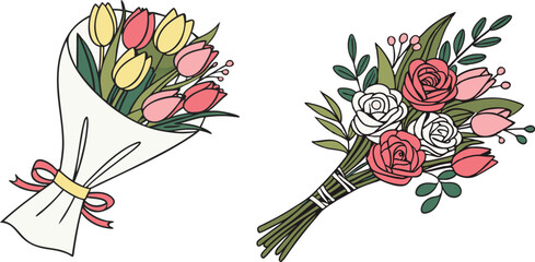 A set of  flowers Bouquets. A bouquet flowers isolated on transparent background. Vector set of tulip, roses, daisy floral decoration. March 8, Mother's Day, invitations, greeting cards