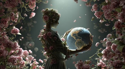 Gaia goddess awakening mother earth in spiritual bloom enchanted floral scene ethereal perspective
