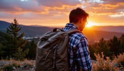 Hiker with a Backpack Watching a Sunset Over the Mountains with a Scenic View in Nature