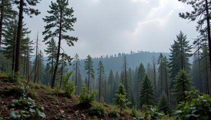 Lush Green Forest Landscape Under Overcast Skies with Distant Mountains in the Background