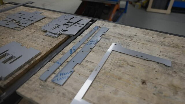 A table with a piece of metal on it with the word FLASH written on it. The metal is cut into different shapes and sizes