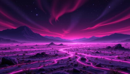 Vibrant Surreal Landscape with Pink and Purple Skies Over Rocky Mountains at Night