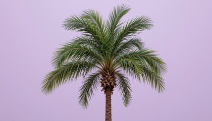 Tall Green Palm Tree Against a Soft Purple Sky in a Tropical Paradise Setting