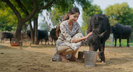 Indian young adult cute teen age woman lady gen z help her calf pet to drink water in steel bucket...