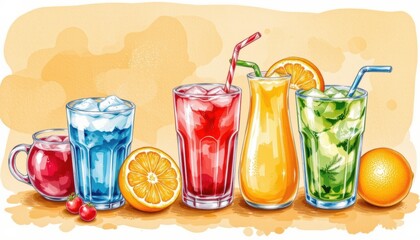 Colorful Assortment of Refreshing Summer Beverages in Glasses with Fruits and Ice
