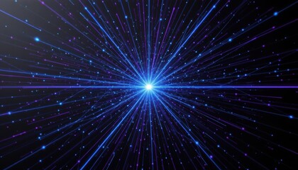 Fototapeta premium Vibrant Blue and Purple Light Explosion Creating a Cosmic Atmosphere with Radiating Particles