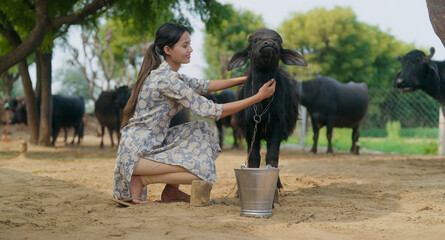 Indian young adult cute teen age woman lady gen z help her calf pet to drink water in steel bucket...