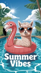 Fototapeta premium Summer vibes llama in sunglasses on flamingo float in pool