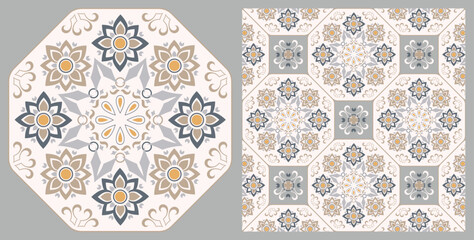 Seamless azulejo tiles. Portugal and Spain decor. Victorian ceramic tiles. Seamless floral pattern. Vector hand drawn illustration, typical Portuguese and Spanish tiles