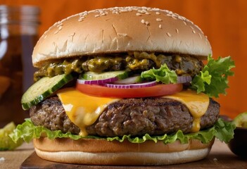 Juicy double cheeseburger with sesame seed bun and fresh vegetables