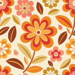 Retro Floral Pattern with Earthy Tones: A seamless vector repeat featuring stylized flowers, leaves, and organic shapes in a vintage color palette reminiscent of the 1970s aesthetic.