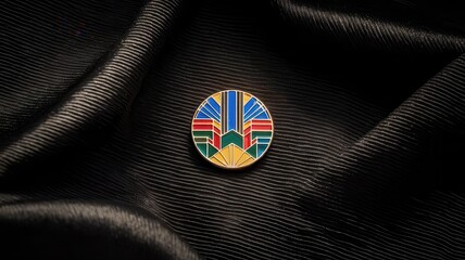 Art Deco Inspired Enamel Pin on a Textured Black Fabric Background
