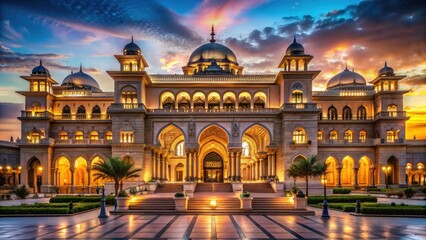 Fototapeta premium Majestic Architectural Masterpiece at Dusk: A Blend of Tradition and Modernity with Stunning Arches and Illuminated Facades