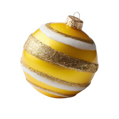 A bright yellow Christmas ornament with sparkling gold and white stripes, perfect for holiday decorations and festive displays.