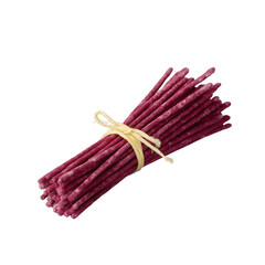 A bundle of colorful, thin snack sticks tied with a ribbon, perfect for appetizers or a healthy snack option, on a white isolated background.