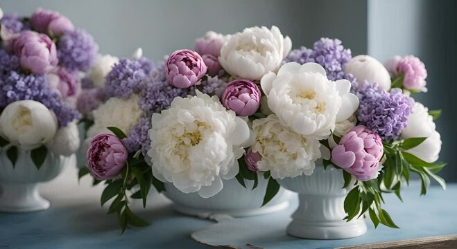 A beautiful floral arrangement in a white urn sits 