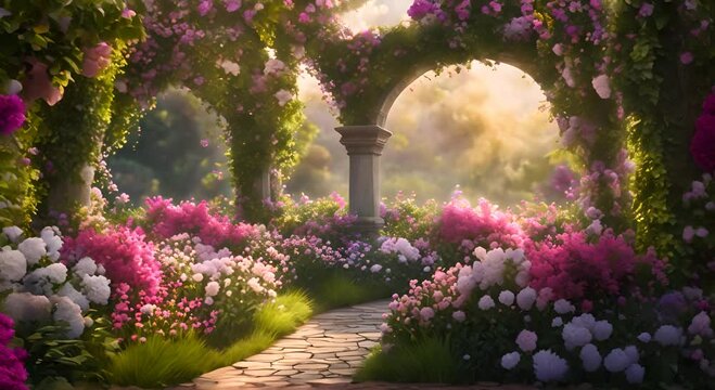 A beautiful secret fairytale garden with flower arches and colorful greenery