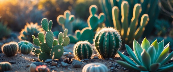 Desert Garden. A Tranquil Oasis of Cacti and Succulents Under the Golden Sun.