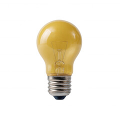 A bright yellow light bulb with a classic shape, showcasing its glass design and silver base, captured on a white isolated background.