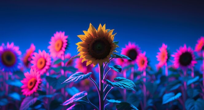 Glowing Sunflower Field Under a Neon Blue Sky, a Surreal Floral Landscape