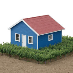 A charming blue house with a red roof, surrounded by lush green vines in a vineyard setting, featuring windows and a door, perfect for countryside aesthetics.
