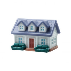 A charming miniature house model with a blue roof and green sofas, perfect for decoration or educational purposes on a white isolated background.