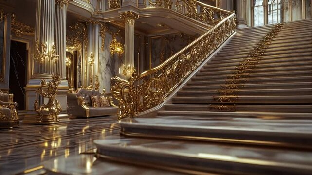 Grandiose marble staircase with ornate golden railings and accents, leading to an upper level in a palatial setting