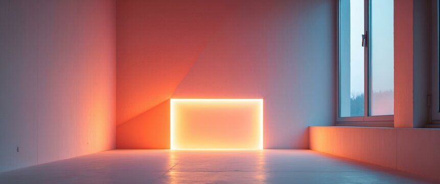 Minimalist Room with Illuminated Square and Window, Abstract Architecture Design.