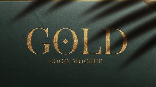 Elegant golden embossed logo mockup on a textured green paper surface
