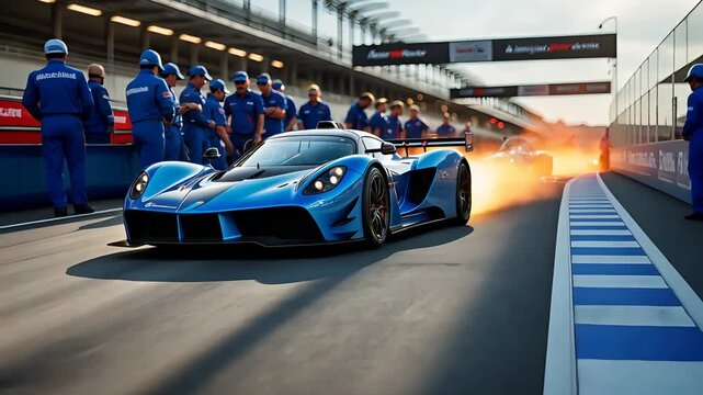 High-performance blue supercar accelerating from pit lane with flames from exhaust as race crew in uniform stands by on professional racetrack

