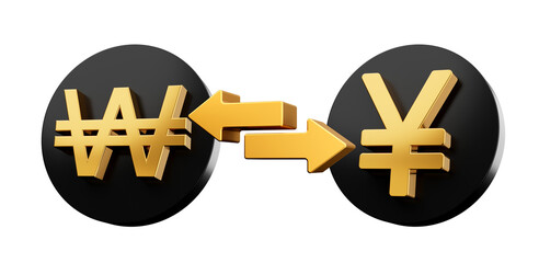 3d Golden Won And Yen Symbol On Rounded Black Icons With Money Exchange Arrows, 3d illustration