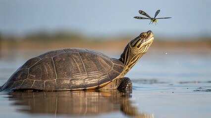 turtle with dragonfly on head
