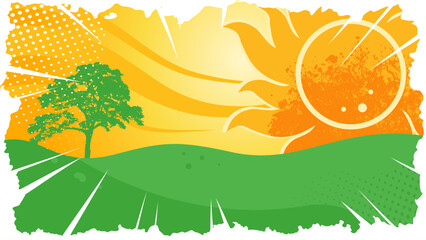 summer sun over a field or meadow, vacation — background, banner, template — vintage style vector illustration