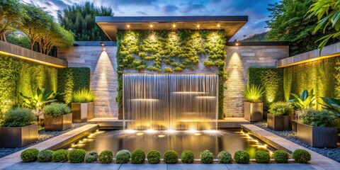 Modern Garden Waterfall Wall Fountain with Lights - Double Exposure Photography, Serene Outdoor Living Space, Contemporary Landscape Design, Relaxing Water Feature